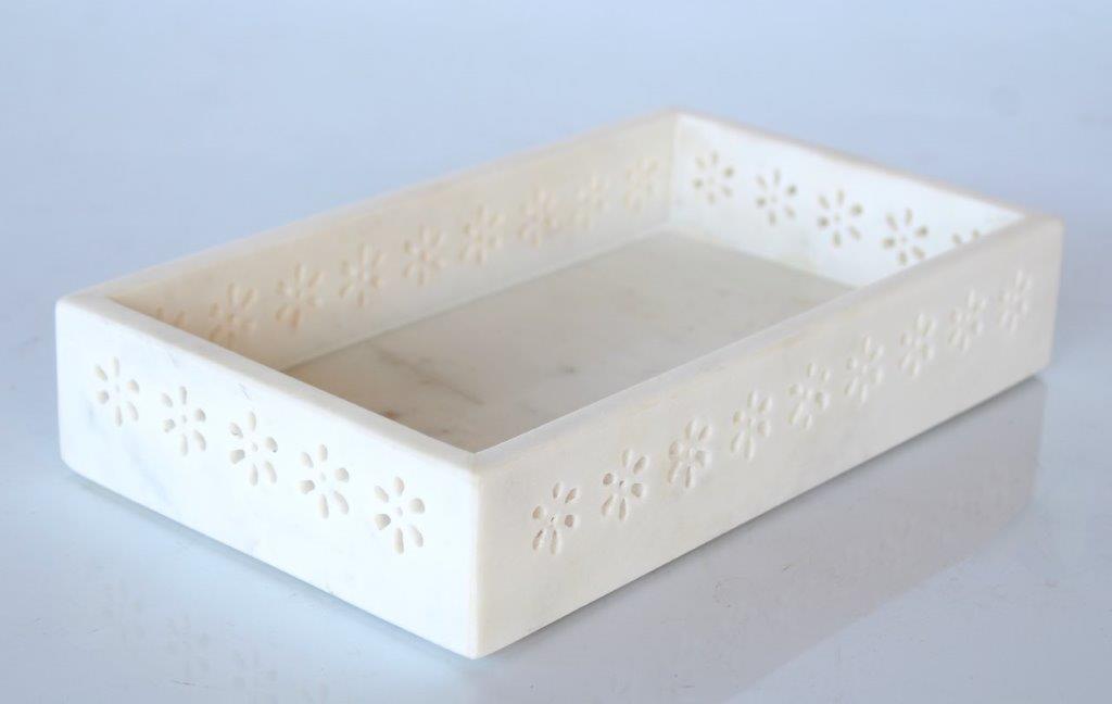 White Rectangular Daisy Cutout Marble Tray